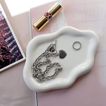 MDFAYE Jewelry Dish Trinket Tray for Women, Ring Dish Holder, Unique Cloud Shape Ceramic Plate Cute Things Vanity Aesthetic Room Decor Mother's Day Birthday Christmas Warm House Gifts (White)