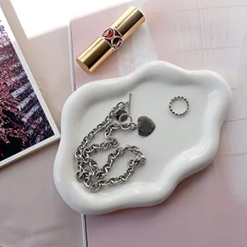 MDFAYE Jewelry Dish Trinket Tray for Women, Ring Dish Holder, Unique Cloud Shape Ceramic Plate Cute Things Vanity Aesthetic Room Decor Mother's Day Birthday Christmas Warm House Gifts (White)