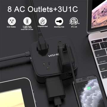6 Ft Surge Protector Power Strip - 8 Widely Outlets with 4 USB Ports, 3 Side Outlet Extender with 6 ...