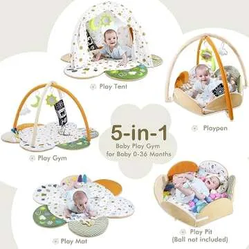 5-in-1 Baby Play Gym Mat, Tummy Time Activity Mat with 7 Toys for Stage-Based Sensory and Motor Skil...