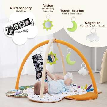 5-in-1 Baby Play Gym Mat, Tummy Time Activity Mat with 7 Toys for Stage-Based Sensory and Motor Skill Development, Washable Play Mats for Infant, Baby Toys Gift for Toddler Infant 0-3-6-9-12 Months