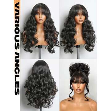 GORGIUS Black Body Wave Wig with Bangs Ready-to-Go Glueless Bang Wig Pre Bleached True Scalp Long Wavy Fringe Bangs Wig Upgraded with Style-Archive Premium Fiber