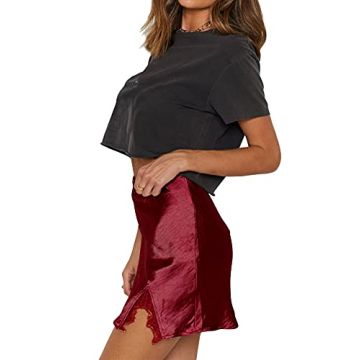 LYANER Women’s Satin High Waist Mini Skirt with Lace Trim