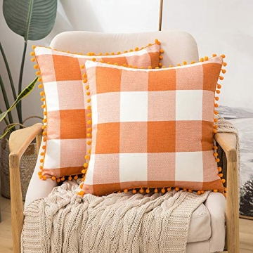 MIULEE Set of 2 Fall Throw Pillow Covers 18x18 Inch Buffalo Plaid Check Pillow Covers with Pom-poms Decorative Couch Throw Pillows Farmhouse Cushion Cases for Sofa Orange and White