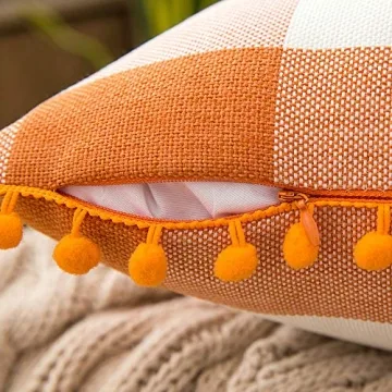 MIULEE Set of 2 Fall Throw Pillow Covers 18x18 Inch Buffalo Plaid Check Pillow Covers with Pom-poms Decorative Couch Throw Pillows Farmhouse Cushion Cases for Sofa Orange and White