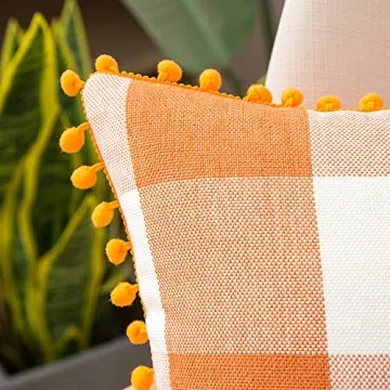 MIULEE Set of 2 Fall Throw Pillow Covers 18x18 Inch Buffalo Plaid Check Pillow Covers with Pom-poms Decorative Couch Throw Pillows Farmhouse Cushion Cases for Sofa Orange and White
