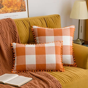 MIULEE Set of 2 Fall Throw Pillow Covers 18x18 Inch Buffalo Plaid Check Pillow Covers with Pom-poms Decorative Couch Throw Pillows Farmhouse Cushion Cases for Sofa Orange and White