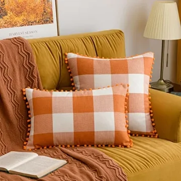 MIULEE Set of 2 Fall Throw Pillow Covers 18x18 Inch Buffalo Plaid Check Pillow Covers with Pom-poms Decorative Couch Throw Pillows Farmhouse Cushion Cases for Sofa Orange and White