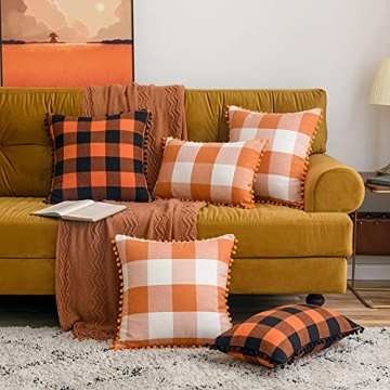 MIULEE Set of 2 Fall Throw Pillow Covers 18x18 Inch Buffalo Plaid Check Pillow Covers with Pom-poms Decorative Couch Throw Pillows Farmhouse Cushion Cases for Sofa Orange and White