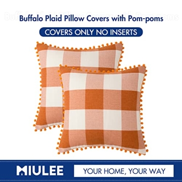MIULEE Set of 2 Fall Throw Pillow Covers 18x18 Inch Buffalo Plaid Check Pillow Covers with Pom-poms Decorative Couch Throw Pillows Farmhouse Cushion Cases for Sofa Orange and White