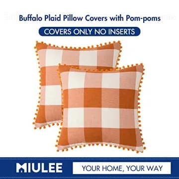 MIULEE Set of 2 Fall Throw Pillow Covers 18x18 Inch Buffalo Plaid Check Pillow Covers with Pom-poms Decorative Couch Throw Pillows Farmhouse Cushion Cases for Sofa Orange and White