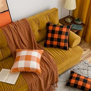 MIULEE Set of 2 Fall Throw Pillow Covers 18x18 Inch Buffalo Plaid Check Pillow Covers with Pom-poms Decorative Couch Throw Pillows Farmhouse Cushion Cases for Sofa Orange and White