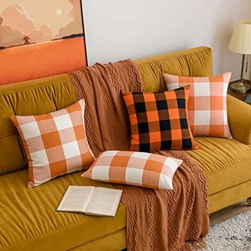 MIULEE Set of 2 Fall Throw Pillow Covers 18x18 Inch Buffalo Plaid Check Pillow Covers with Pom-poms Decorative Couch Throw Pillows Farmhouse Cushion Cases for Sofa Orange and White