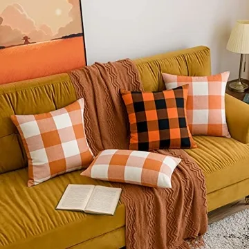 MIULEE Set of 2 Fall Throw Pillow Covers 18x18 Inch Buffalo Plaid Check Pillow Covers with Pom-poms Decorative Couch Throw Pillows Farmhouse Cushion Cases for Sofa Orange and White