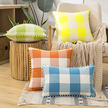 MIULEE Set of 2 Fall Throw Pillow Covers 18x18 Inch Buffalo Plaid Check Pillow Covers with Pom-poms Decorative Couch Throw Pillows Farmhouse Cushion Cases for Sofa Orange and White
