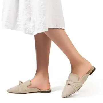 MUSSHOE Mules for Women Comfortable Pointed Toe Backless Slip-on Slides Loafer Flats with Knot,Nude 9