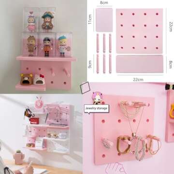 HGYZE Peg Boards for Walls with Shelf & Hooks, No Punching Craft Room Storage for Bedroom Garage Living Room Office, Pegboard Ledges Organizer, 4 Pack Decorative Wall Panel Kits - 22cm Square (Pink)