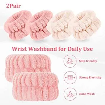 4 Pcs Face Washing Wristbands, Soft & Absorbent Microfiber Wrist Scrunchies for Washing Face, Face Wash Wrist Band for Women Girl, Spa Wrist Wash Band Prevent Water Dripping Down Your Arms, Pink
