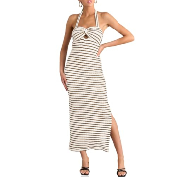 Wenrine Womens Summer Striped Halter Neck Dress Sexy Twist Front Cut Out High Split Casual Sleeveles...