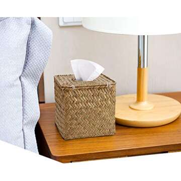 Sumnacon Tissue Box Cover Square Seagrass Tissue Box with Lid, Woven Tissue Box Holder Rustic Cube T...
