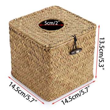 Sumnacon Tissue Box Cover Square Seagrass Tissue Box with Lid, Woven Tissue Box Holder Rustic Cube Tissue Cover for Bathroom Toilet Bedroom Living Room Kitchen Table Desk Office Car, Yellow