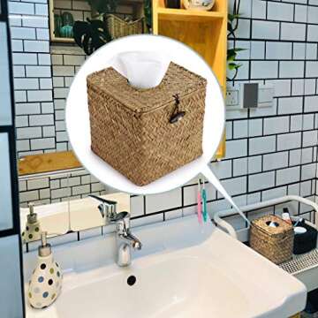 Sumnacon Tissue Box Cover Square Seagrass Tissue Box with Lid, Woven Tissue Box Holder Rustic Cube Tissue Cover for Bathroom Toilet Bedroom Living Room Kitchen Table Desk Office Car, Yellow