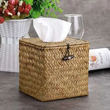 Sumnacon Tissue Box Cover Square Seagrass Tissue Box with Lid, Woven Tissue Box Holder Rustic Cube Tissue Cover for Bathroom Toilet Bedroom Living Room Kitchen Table Desk Office Car, Yellow