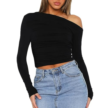 Women Long Sleeve Off Shoulder Crop Top Sexy Asymmetric Pleated Ruched Y2K Skinny Fit Going Out Tee ...