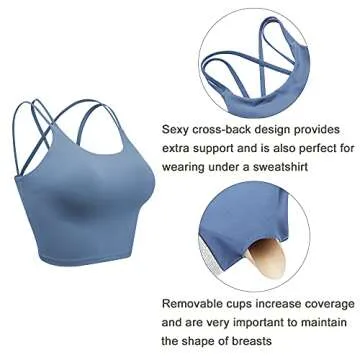Vorcy Womens Padded Sports Bra Fitness Workout Running Camisole Crop Top with Built in Bra Blue