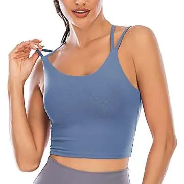 Vorcy Womens Padded Sports Bra Fitness Workout Running Camisole Crop Top with Built in Bra Blue