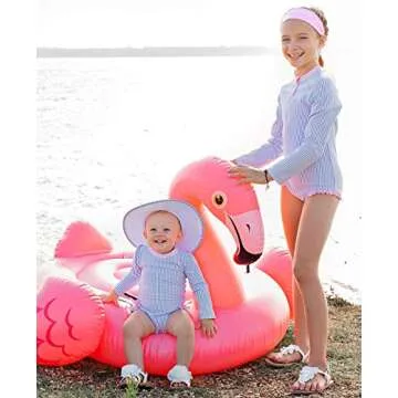 RuffleButts® Baby/Toddler Girls Long Sleeve One Piece Swimsuit - Blue Seersucker with UPF 50+ Sun P...