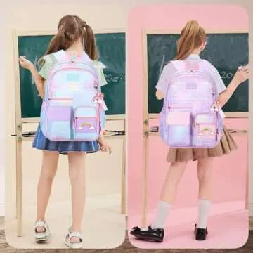 ETAISHOW Heart-Print Blue Girls Backpack for Elementary School Kids Bookbag with Compartments Cute Student Backpack for Girls