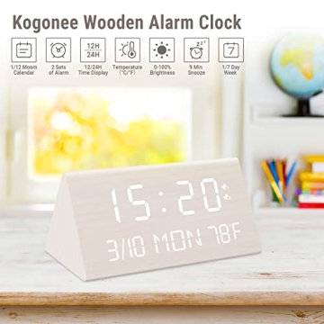 Kogonee Wooden Digital Alarm Clock with Dimmer Dual USB Ports