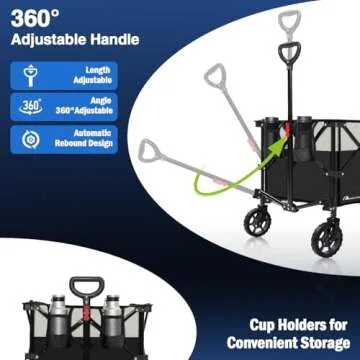 Moon Lence Collapsible Folding Wagon Cart Heavy Duty Folding Garden Portable Hand Cart with All-Terrain Beach Wheels, Adjustable Handle & Drink Holders (Black & Ivory)