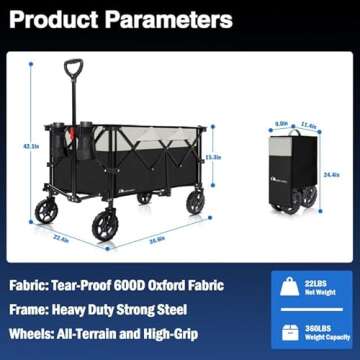 Moon Lence Collapsible Folding Wagon Cart Heavy Duty Folding Garden Portable Hand Cart with All-Terrain Beach Wheels, Adjustable Handle & Drink Holders (Black & Ivory)