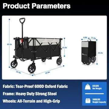 Moon Lence Collapsible Folding Wagon Cart Heavy Duty Folding Garden Portable Hand Cart with All-Terrain Beach Wheels, Adjustable Handle & Drink Holders (Black & Ivory)