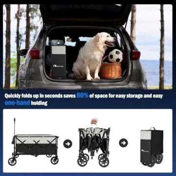 Moon Lence Collapsible Folding Wagon Cart Heavy Duty Folding Garden Portable Hand Cart with All-Terrain Beach Wheels, Adjustable Handle & Drink Holders (Black & Ivory)