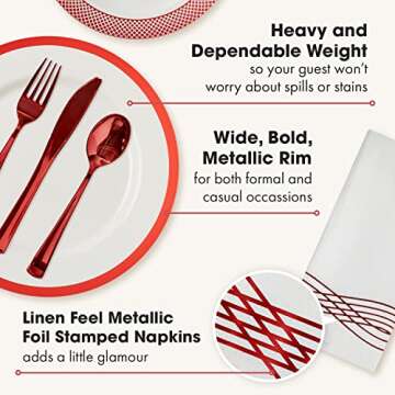 By Madee HIGH END 175 Pc White and Red Plastic Plates Disposable for Party - Elegant Disposable Dinn...