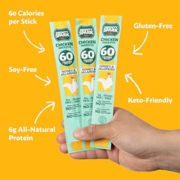 Mighty Spark Chicken Snack Sticks - Honey and Jalapeno - 6g of Protein, No Antibiotics Ever, No Hormones Added, Gluten Free, Soy Free Meat Sticks - High Protein Keto Snacks, Weight Watchers Approved Snacks - 12 Count