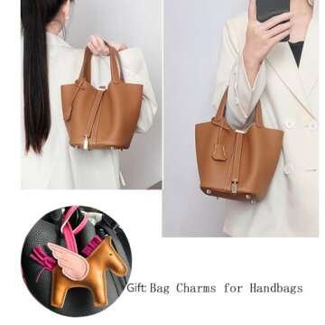 Genuine Leather Women's Bucket Bag with Elegant Lock Closure