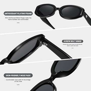 Fozono Trendy Skinny Oval Sunglasses for Women Men Retro 90s Fashion Narrow Square Rectangle Glasses Vintage UV400 Black Frame-Gray Lens
