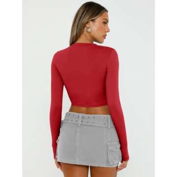 Trendy Queen Womens Long Sleeve Crop Tops Basic Slim Fitted Shirts Casual Fashion 2025 Going Out Y2k Tops Teen Girl Clothes Red XS