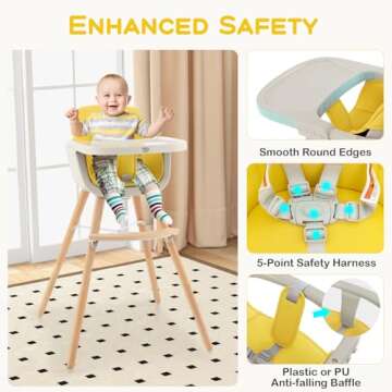 BABY JOY Convertible Baby High Chair, 3 in 1 Wooden Highchair/Booster/Chair with Removable Tray, Adjustable Legs, 5-Point Harness, PU Cushion and Footrest for Baby, Infants, Toddlers (Yellow)