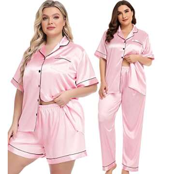 SWOMOG Silk Satin Pajama Set for Plus Size Women Button-Down Loose Bride Pajamas Pink Sleepwear and ...