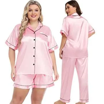 SWOMOG Silk Satin Pajama Set for Plus Size Women Button-Down Loose Bride Pajamas Pink Sleepwear and Loungewear Set 24W