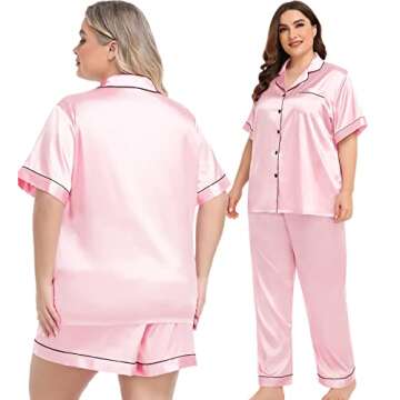 SWOMOG Silk Satin Pajama Set for Plus Size Women Button-Down Loose Bride Pajamas Pink Sleepwear and Loungewear Set 24W