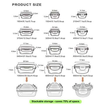 S SALIENT Airtight Meal Prep Containers for Food Storage [24 Piece] Leak Proof, Glass Bento Boxes for Lunch (12 lids & 12 Containers)