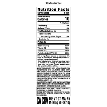 Monster Energy Ultra Sunrise, Sugar Free Energy Drink, 16 Fl Oz (Pack of 15)