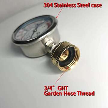 Stainless Steel 304 Liquid Filled Water Pressure Test Gauge,0-220psi, 2-1/2" Dial Display,Oil Gauge.Female 3/4" GHT Garden Hose Thread.
