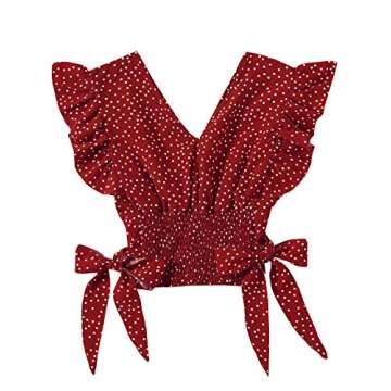 LYANER Women's V Neck Polka Dots Ruffle Cap Sleeve Shirred Hem Blouse Crop Tank Top Red Small